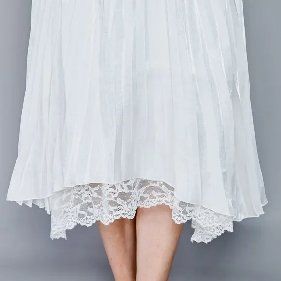 CALVIN LUO Lace Hem White Satin Pleated Skirt NWT L - Picture 3 of 7
